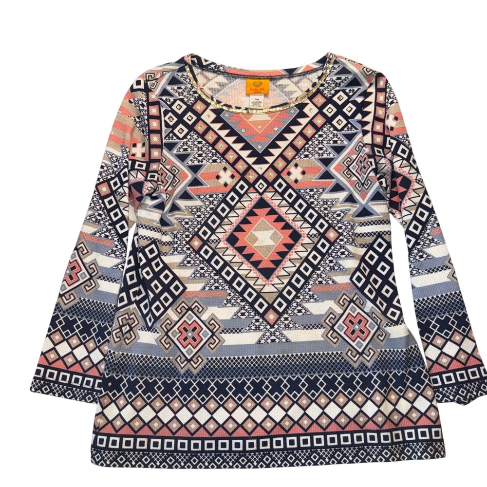Ruby Rd Petite Aztec Print‎ Embellished Neckline Long Sleeve Tunic Top medium